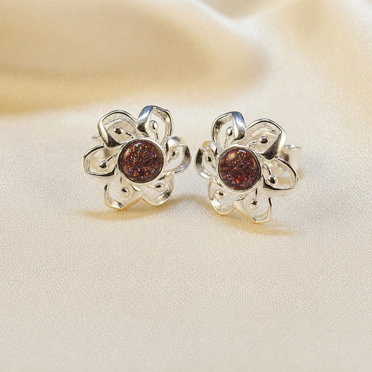 Keepsake Memorial Sterling Silver Ladies Ashes Earrings - Velour Flowers