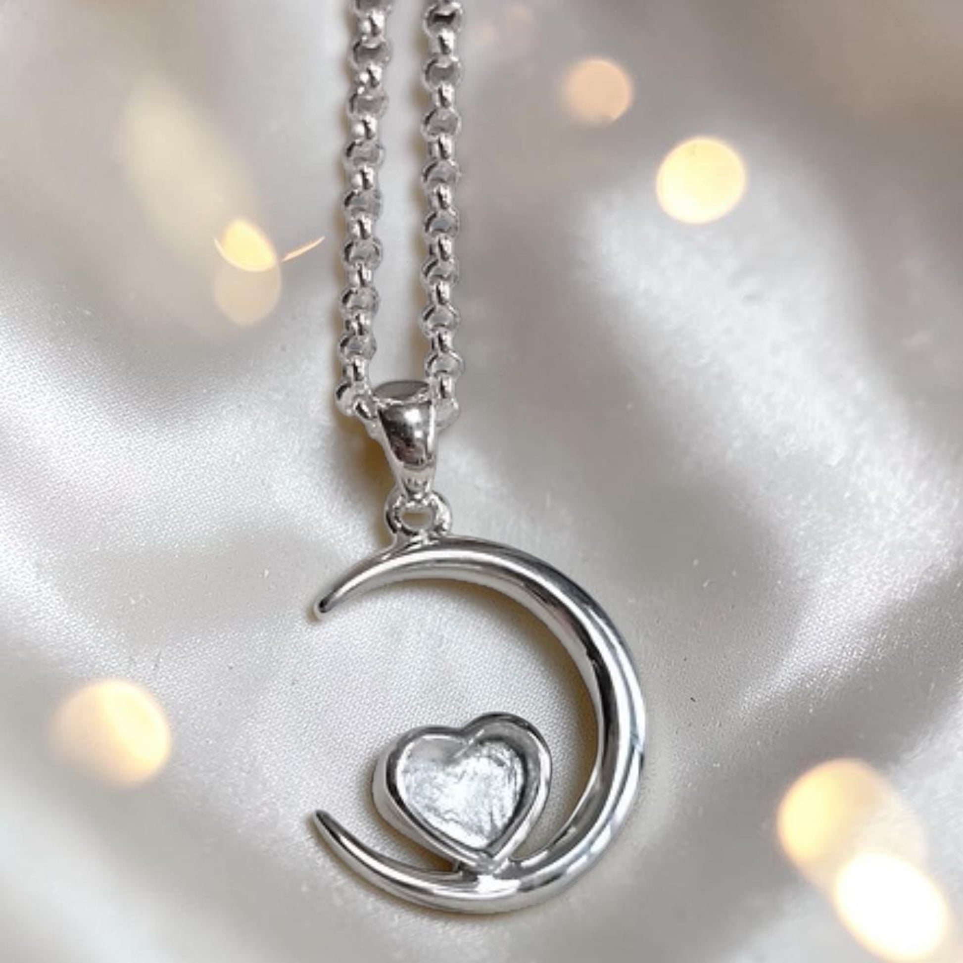 Handcrafted 925 sterling silver moon and heart memorial pendant by Keepsake Memorial Jewellery