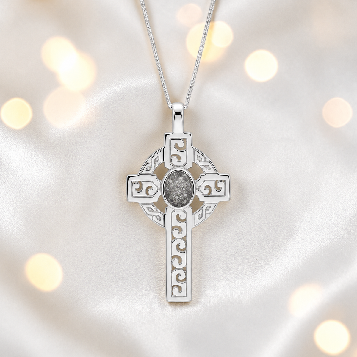 Natural ash Anam sterling silver Celtic cross memorial pendant, 55mm, handcrafted in Lancashire UK by Keepsake Memorial Jewellery