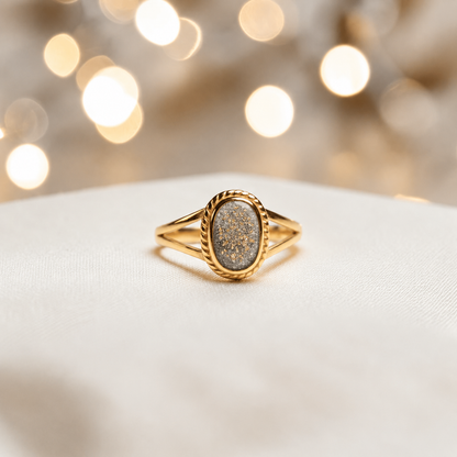 Natural Ash Ayla, 9ct gold oval memorial ring, handcrafted in Lancashire, UK – by Keepsake Memorial Jewellery
