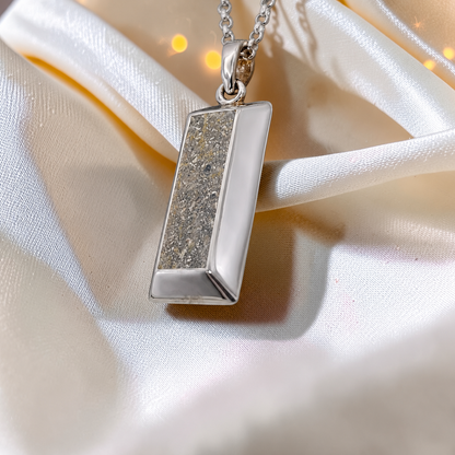 Natural ash Bastion men's sterling silver 3D bar memorial pendant, handcrafted in Lancashire UK by Keepsake Memorial Jewellery
