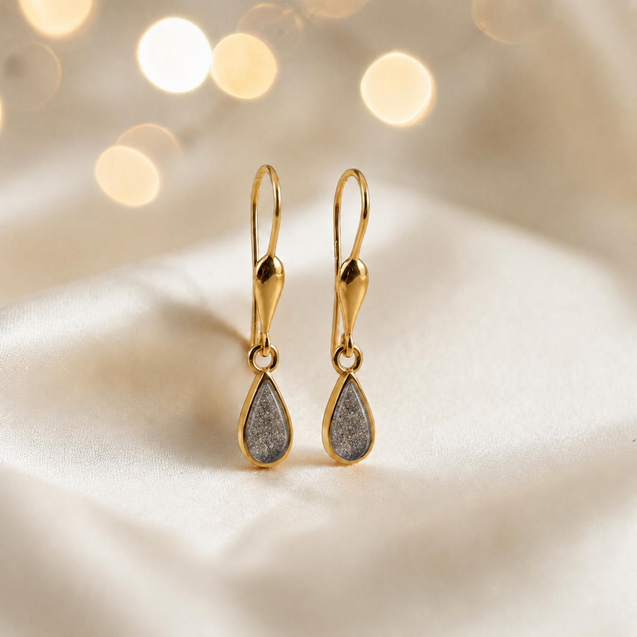 Natural Ash Calla 9ct gold drop memorial earrings, handcrafted in Lancashire, UK – by Keepsake Memorial Jewellery