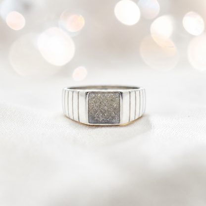 Natural ash Echo men's sterling silver memorial signet ring, handcrafted in Lancashire UK by Keepsake Memorial Jewellery