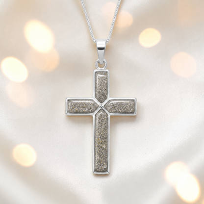 Natural ash  Endura men's sterling silver cross memorial pendant, 29mm, handcrafted in Lancashire UK by Keepsake Memorial Jewellery