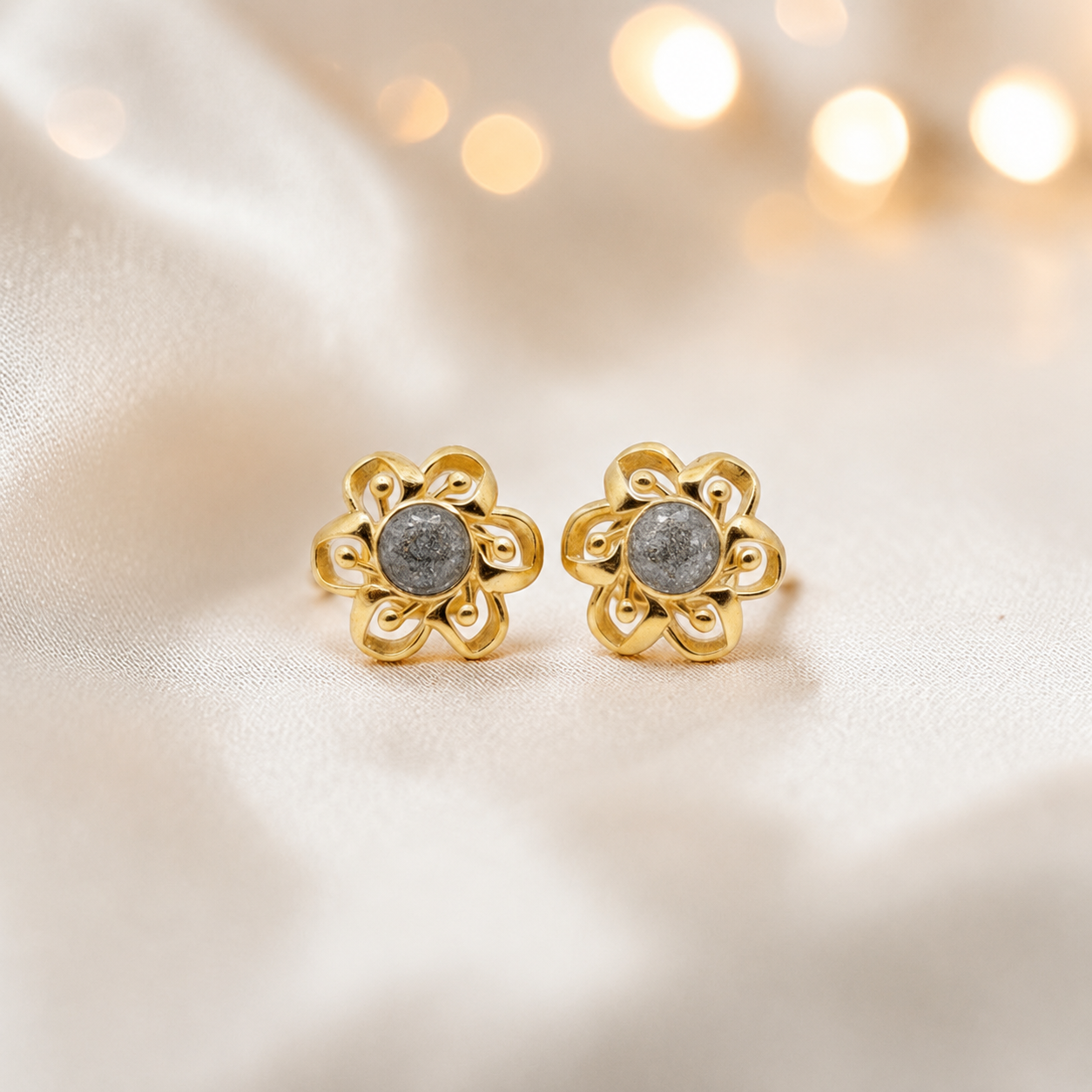Natural Ash Freya  9ct gold flower earrings, handcrafted in Lancashire, UK – by Keepsake Memorial Jewellery