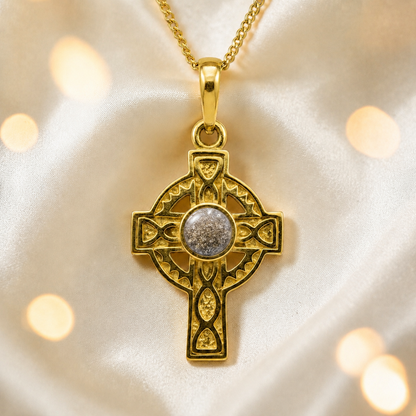 Natural ash Gael Cross 9ct gold pendant, handcrafted in Lancashire UK – by Keepsake Memorial Jewellery