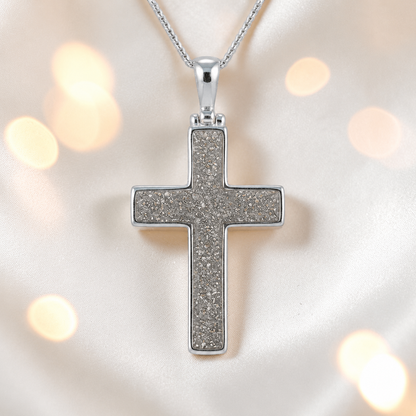 Natural ash Halo sterling silver cross memorial pendant, 30mm, handcrafted in Lancashire UK by Keepsake Memorial Jewellery