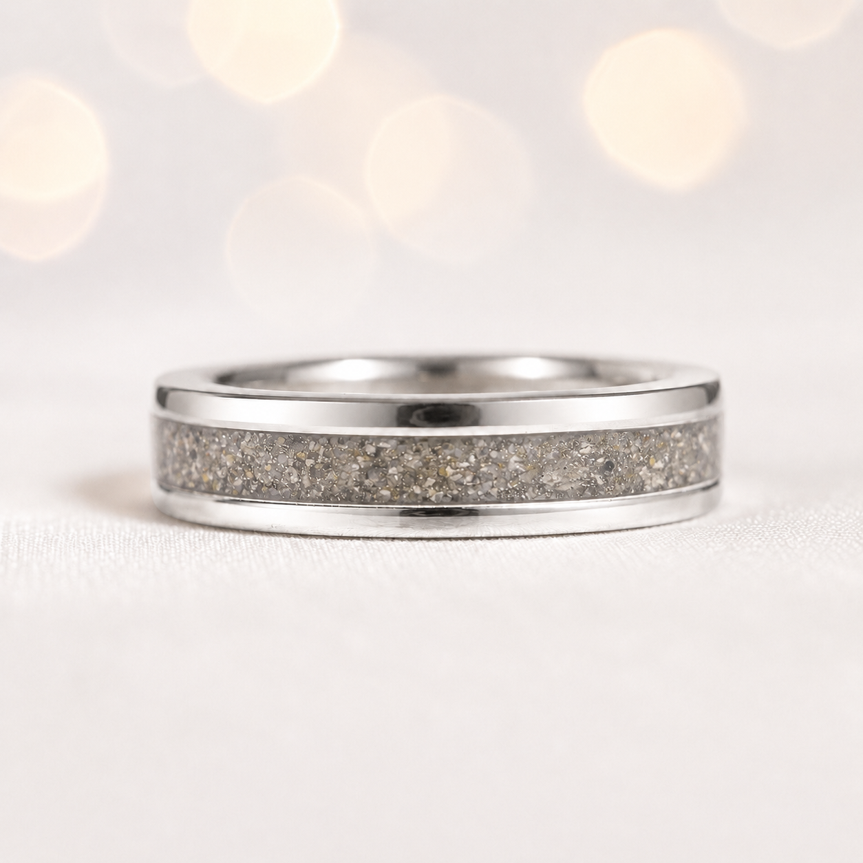 Natural Ash Horizon unisex sterling silver channel memorial band ring, 5.5mm wide, handcrafted in Lancashire UK by Keepsake Memorial Jewellery