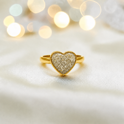 Natural Ash 9ct gold heart memorial ring, Juliette, handcrafted in Lancashire, UK – by Keepsake Memorial Jewellery