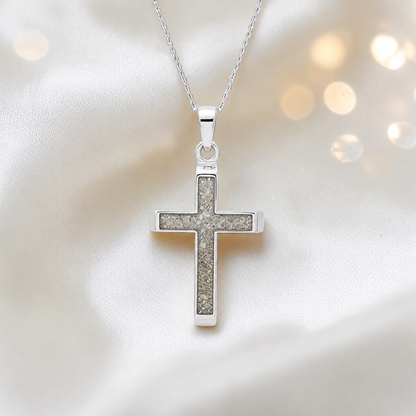 Natural ash Legacy men's sterling silver 3D cross memorial pendant, 29mm, handcrafted in Lancashire UK by Keepsake Memorial Jewellery