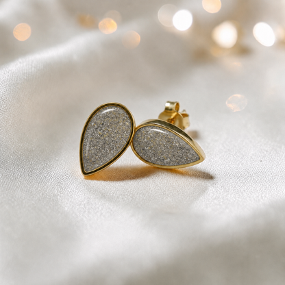 Natural Ash Luma 9ct gold pear drop earrings, handcrafted in Lancashire, UK – by Keepsake Memorial Jewellery