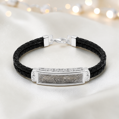 Natural ash Sentinel men's sterling silver and leather memorial bracelet , handcrafted in Lancashire UK by Keepsake Memorial Jewellery
