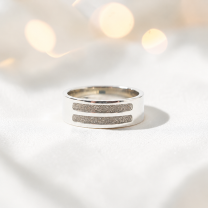 Natural ash Strata men's sterling silver double channel memorial ring, wide comfort-fit band, handcrafted in Lancashire UK by Keepsake Memorial Jewellery