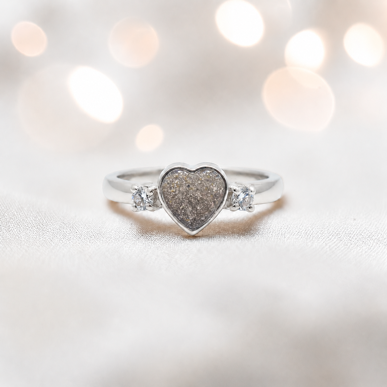 Valentina Ring — silver heart ashes memorial ring, in natural ash, handcrafted in the UK