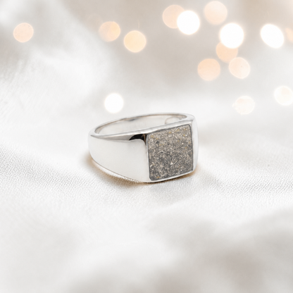 Natural Ash Valor men's sterling silver memorial signet ring, handcrafted in Lancashire UK by Keepsake Memorial Jewellery