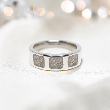 Natural Ash vigil men's sterling silver memorial ring with triple setting, handcrafted in Lancashire UK by Keepsake Memorial Jewellery