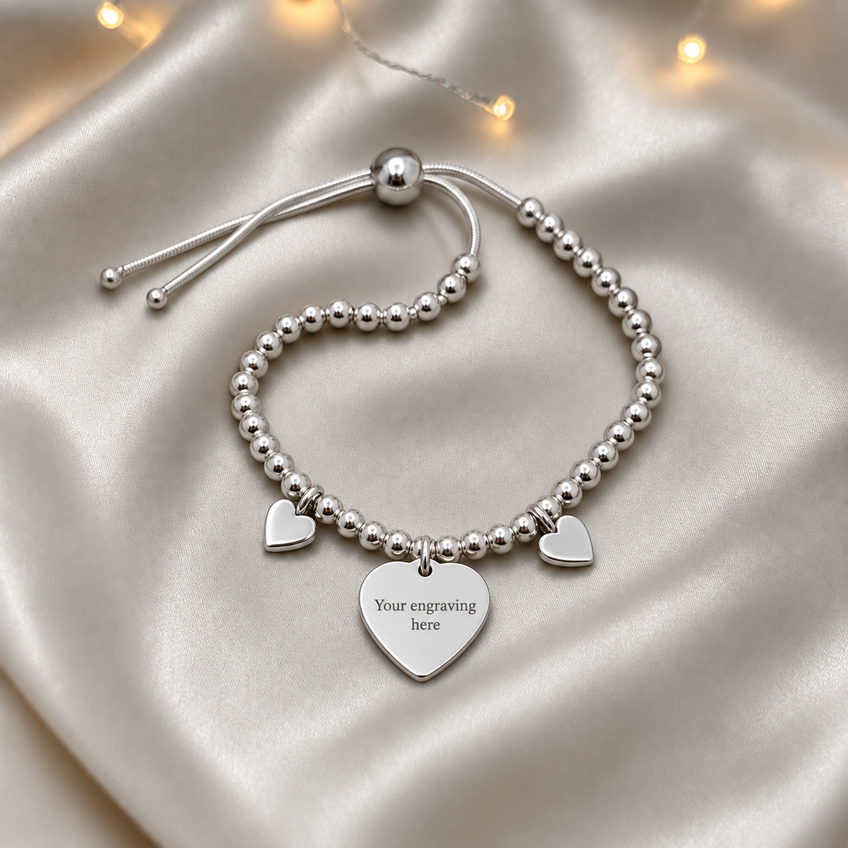 Nova memorial bracelet - three hearts beaded draw string bracelet,engraved, handcrafted in Lancashire UK - by Keepsake Memorial Jewellery