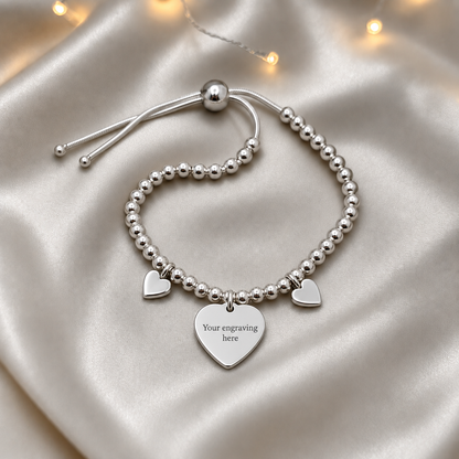 Nova memorial bracelet - three hearts beaded draw string bracelet,engraved, handcrafted in Lancashire UK - by Keepsake Memorial Jewellery