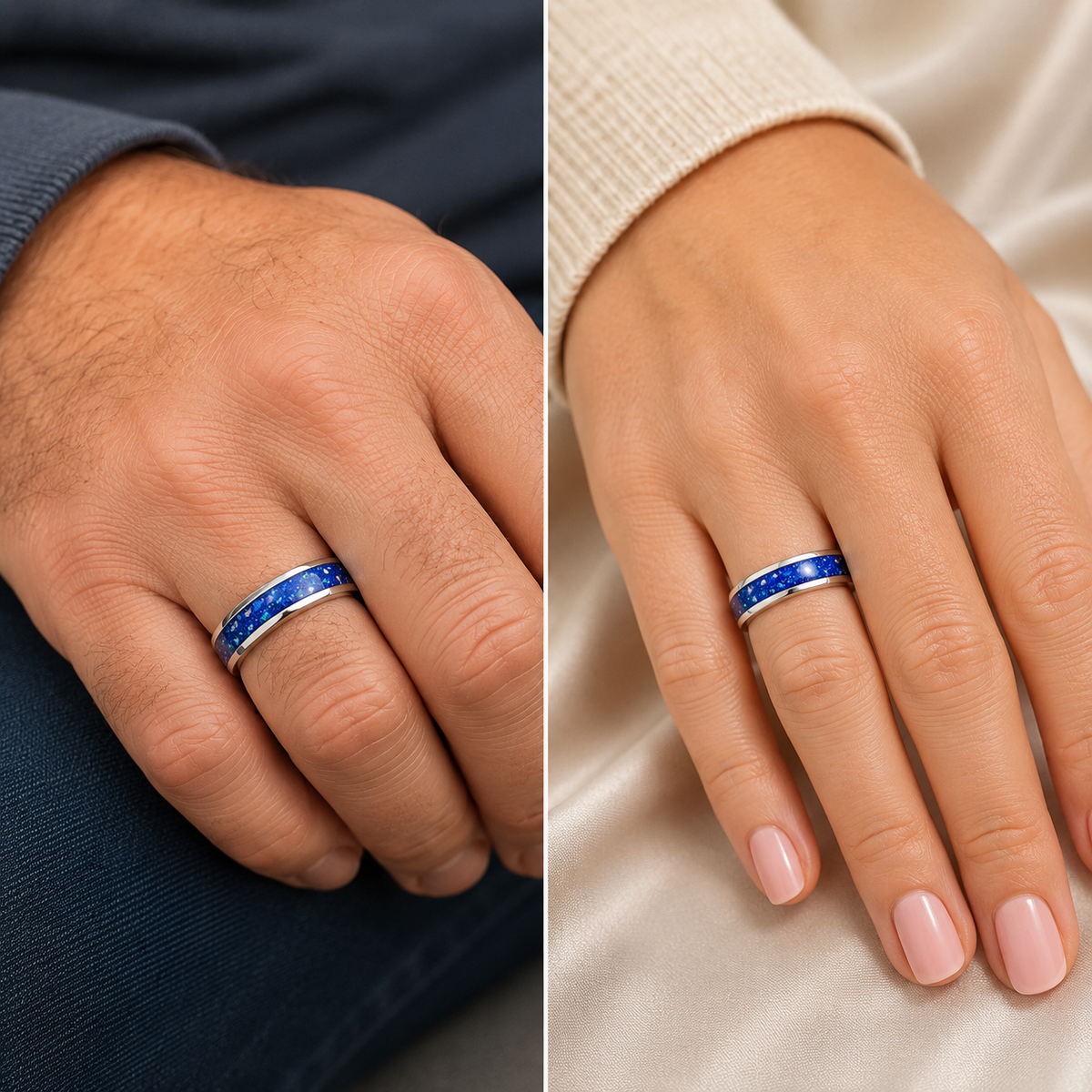 Royal  blue Obsidian men's sterling silver wide channel memorial band ring, 6mm wide, handcrafted in Lancashire UK by Keepsake Memorial Jewellery