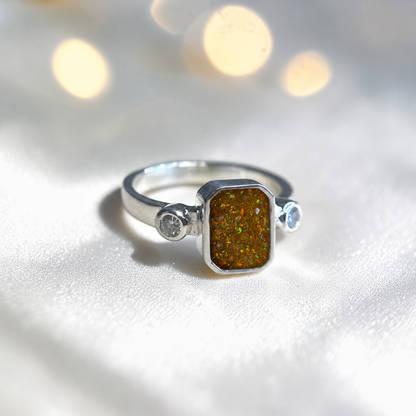 Keepsake Memorial Silver Anastasia Emerald Cut Ashes Ring in Gold Olive  — handcrafted in Lancashire, UK