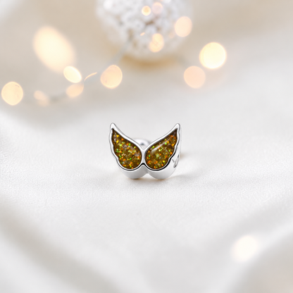 Gold olive sterling silver angel wing ashes memorial charm, handcrafted in Lancashire by keepsake memorial