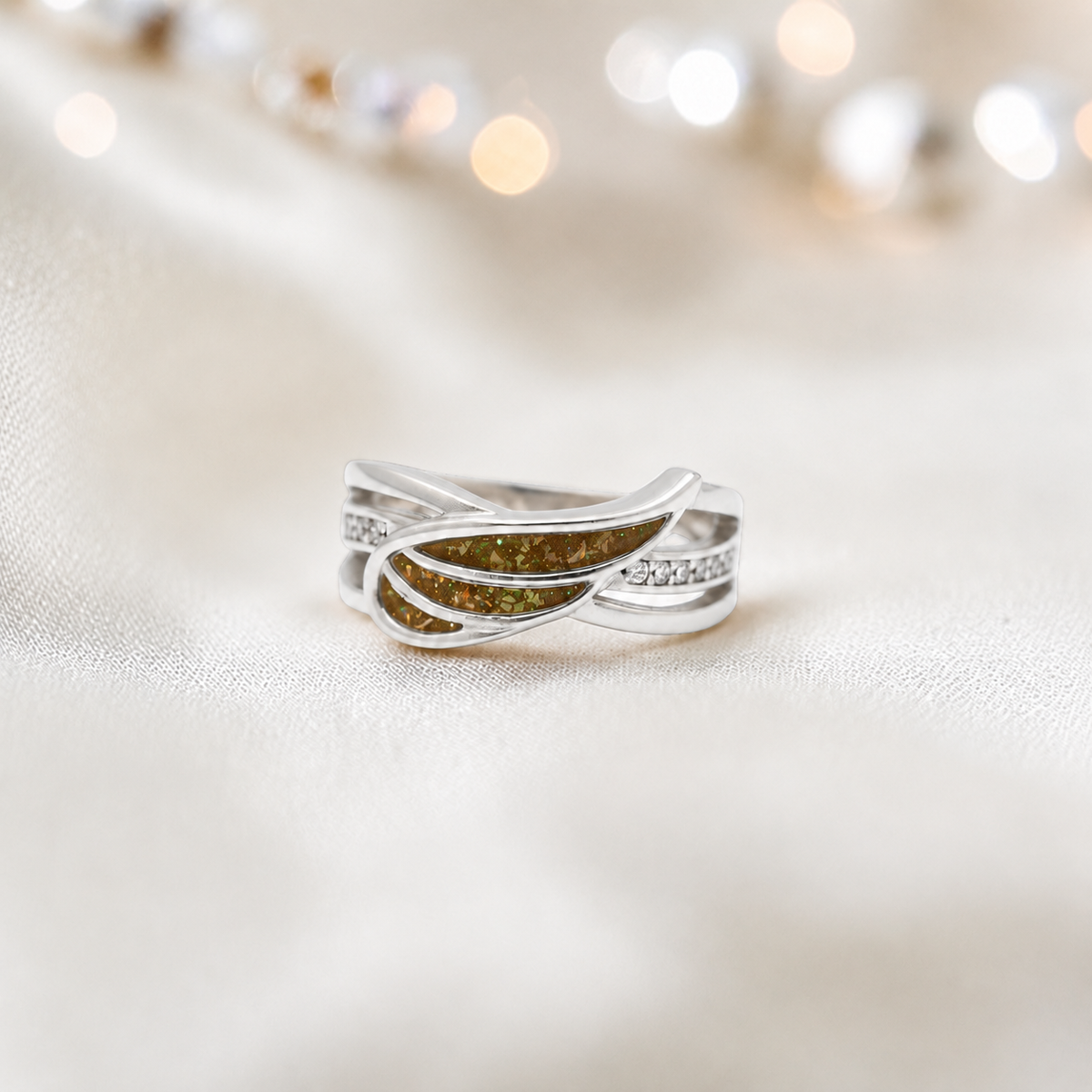 Keepsake Memorial Silver Angelica Ashes Ring in Gold Olive - Handcrafted in the UK