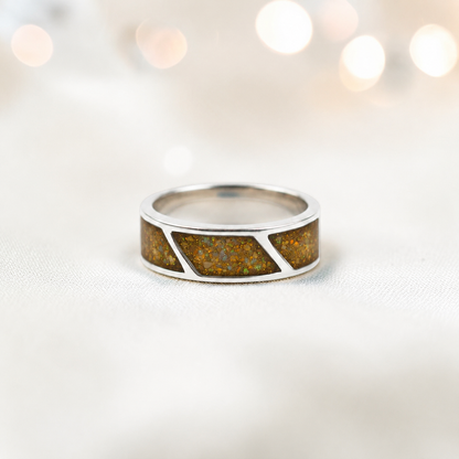 Gold olive Axis men's sterling silver three setting ring, handcrafted in Lancashire UK by Keepsake Memorial Jewellery
