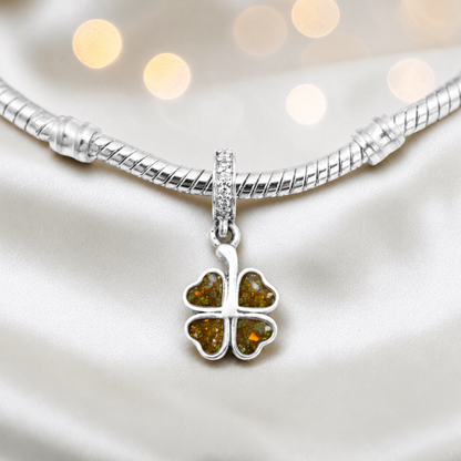 Gold olive sterling silver clover dangle ashes memorial charm, handcrafted in Lancashire by keepsake memorial