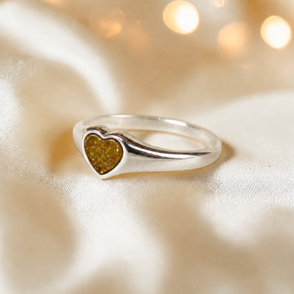 Eden Heart shaped memorial ashes ring in gold olive,  handcrafted in Lancashire, UK.