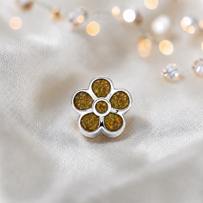 Gold olive sterling silver flora, flower ashes memorial charm, handcrafted in Lancashire by keepsake memorial