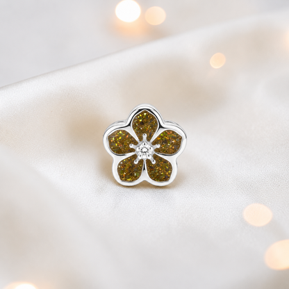 Gold olive sterling silver forget me not ashes memorial charm, handcrafted in Lancashire by keepsake memorial