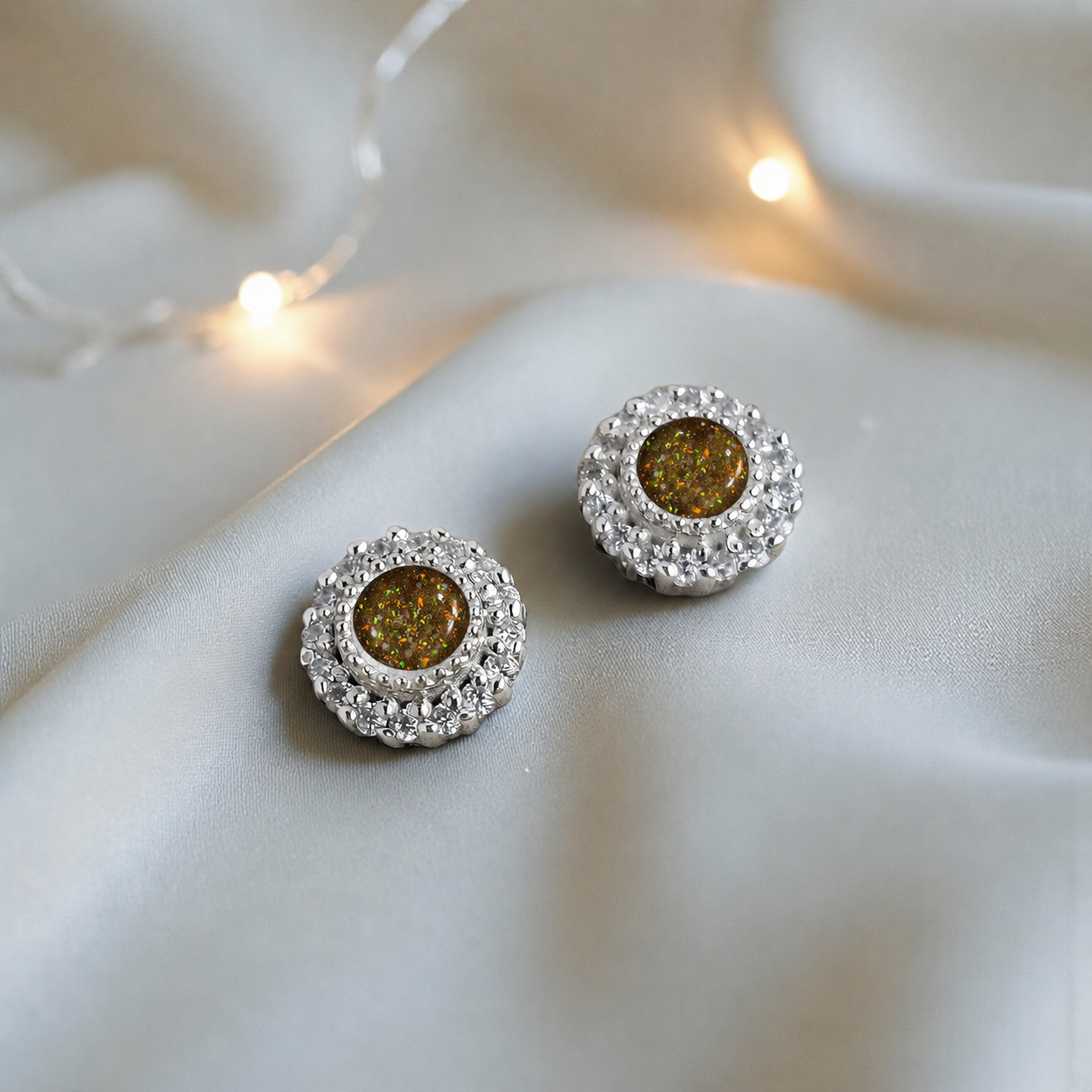 Halo's memorial stud earrings in Gold Olive opal — sterling silver, handcrafted in Lancashire, UK