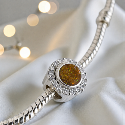 Gold olive sterling silver halo ashes memorial charm, handcrafted in Lancashire by keepsake memorial