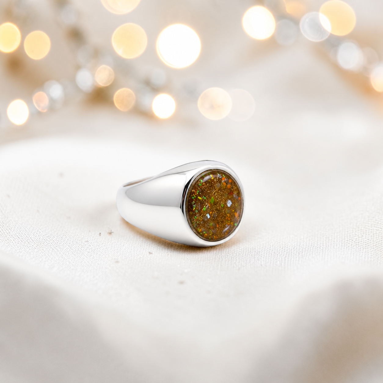 Gold olive Haven men's sterling silver signet ring, handcrafted in Lancashire UK by Keepsake Memorial Jewellery