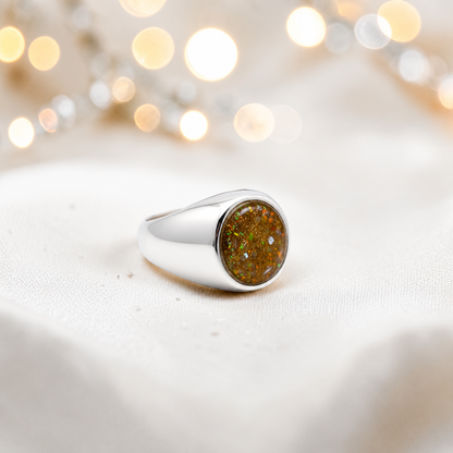 Gold olive Haven men's sterling silver signet ring, handcrafted in Lancashire UK by Keepsake Memorial Jewellery