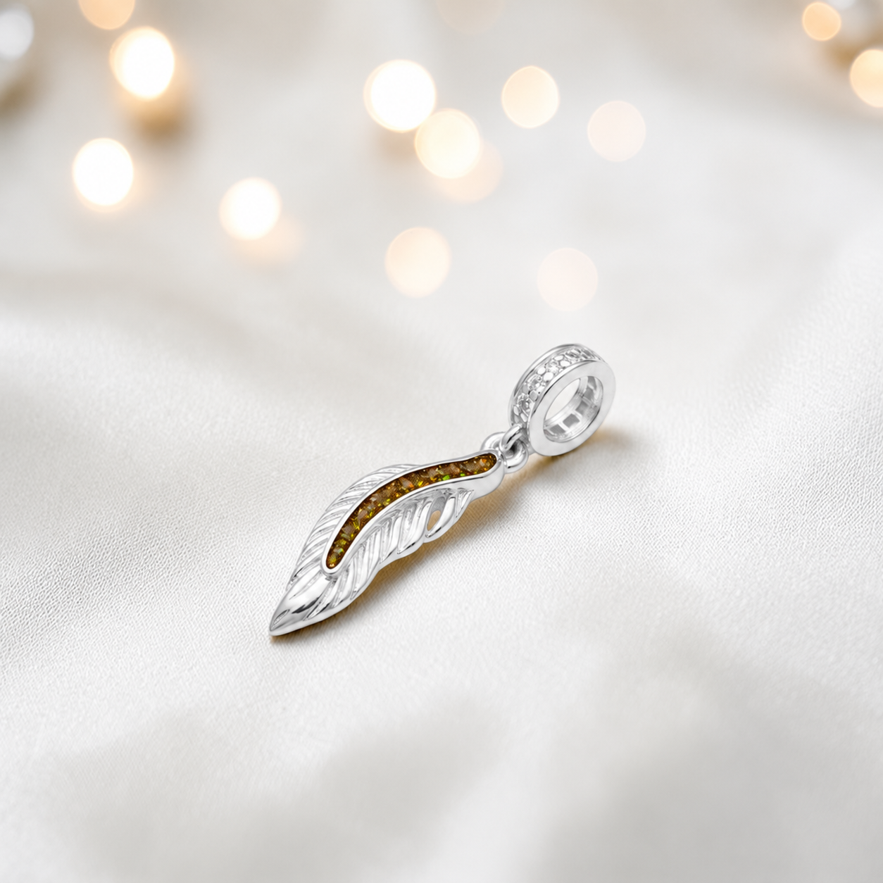 Gold olive sterling silver heavens feather  ashes memorial dangle  charm, handcrafted in Lancashire by keepsake memorial