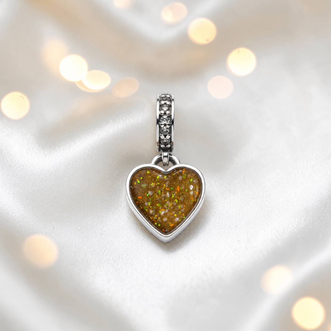 Gold olive sterling silver heavens heart ashes memorial dangle  charm, handcrafted in Lancashire by keepsake memorial