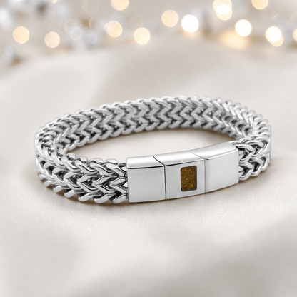 Gold Olive Heritage men's stainless steel  memorial bracelet , handcrafted in Lancashire UK by Keepsake Memorial Jewellery