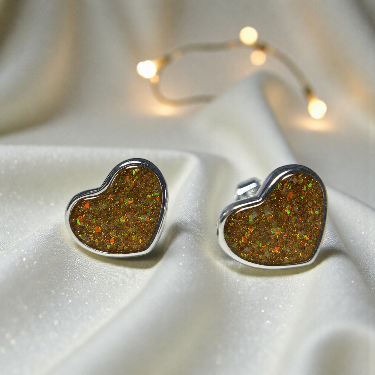 Keepsake Memorial Sterling Silver Heart Ashes Earrings Luna Grace in Gold Olive - Handcrafted in the UK