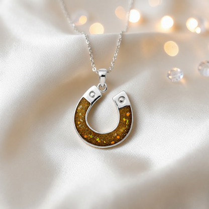 Midnight horseshoe ashes pendant in gold olive, handcrafted in Lancashire UK - by Keepsake Memorial Jewellery