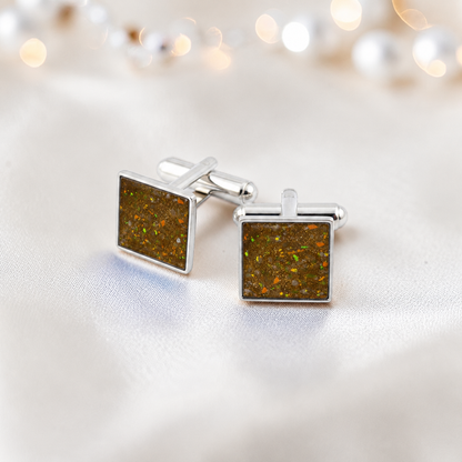 Gold olive Nexus sterling silver square memorial ashes cufflinks, handcrafted in Lancashire UK