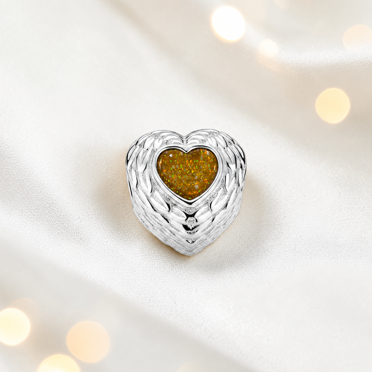 Gold olive sterling silver peaceful whisper heart ashes memorial charm, handcrafted in Lancashire by keepsake memorial