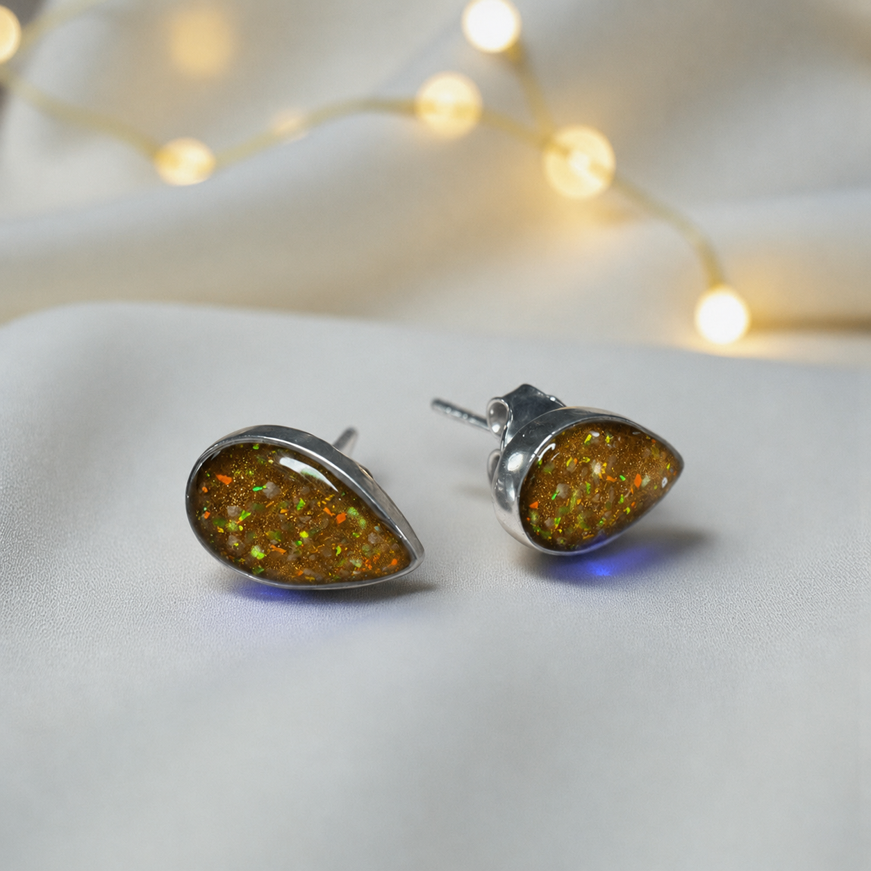 Pure Radiance memorial earrings in Gold Olive opal — sterling silver, handcrafted in Lancashire, UK