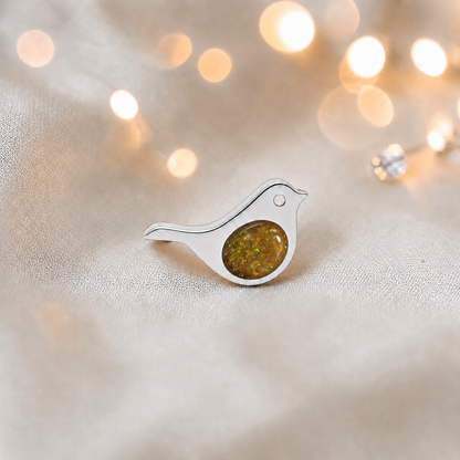 Keepsake memorial silver Robin  ashes charm, in gold olive, handcrafted in Lancashire, UK