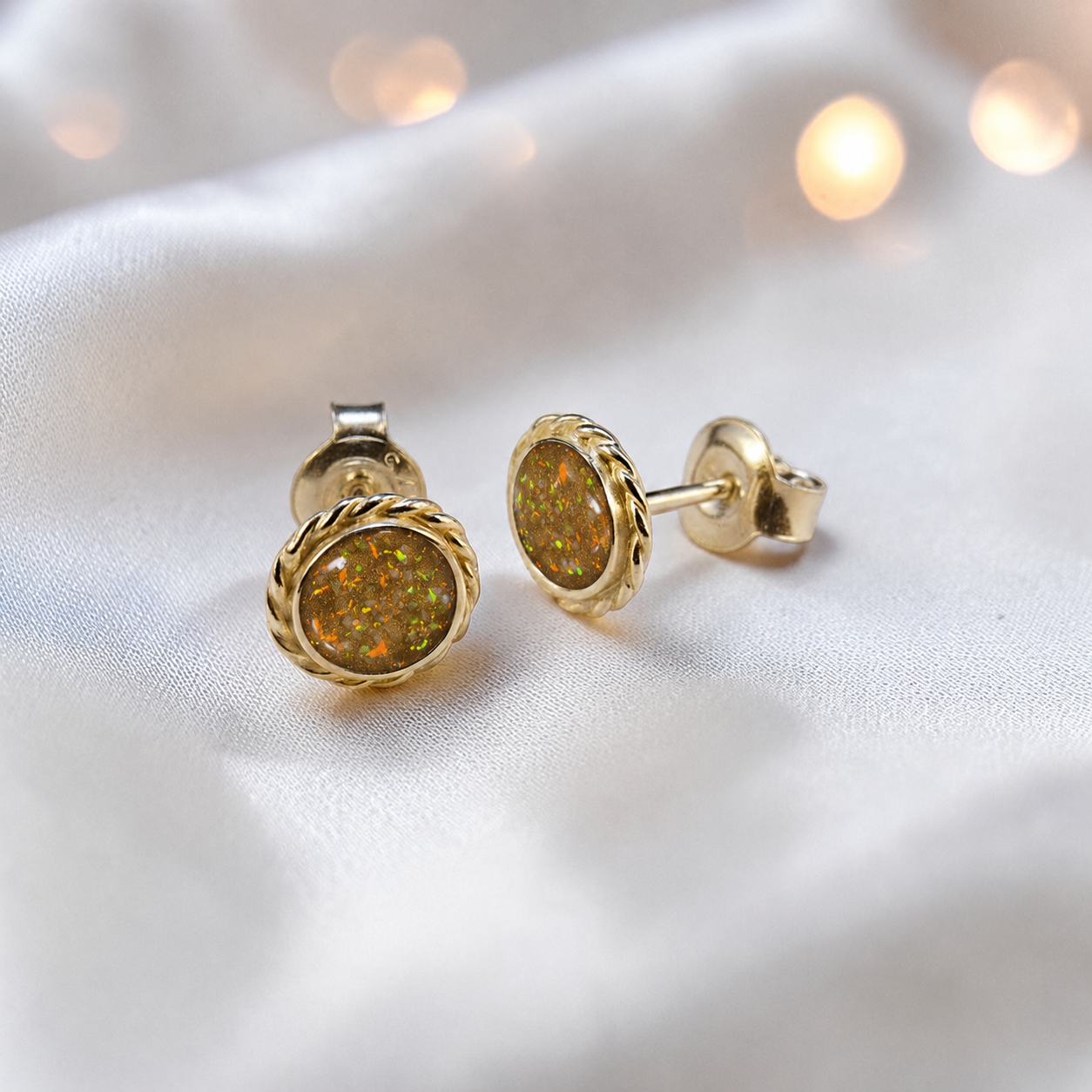 Eterna memorial stud earrings in Olive opal — sterling silver rope edge, handcrafted in Lancashire, UK