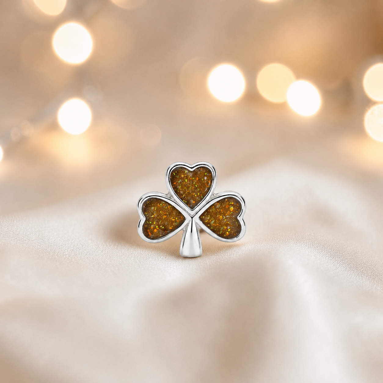 Gold olive sterling silver shamrock ashes memorial charm, handcrafted in Lancashire by keepsake memorial