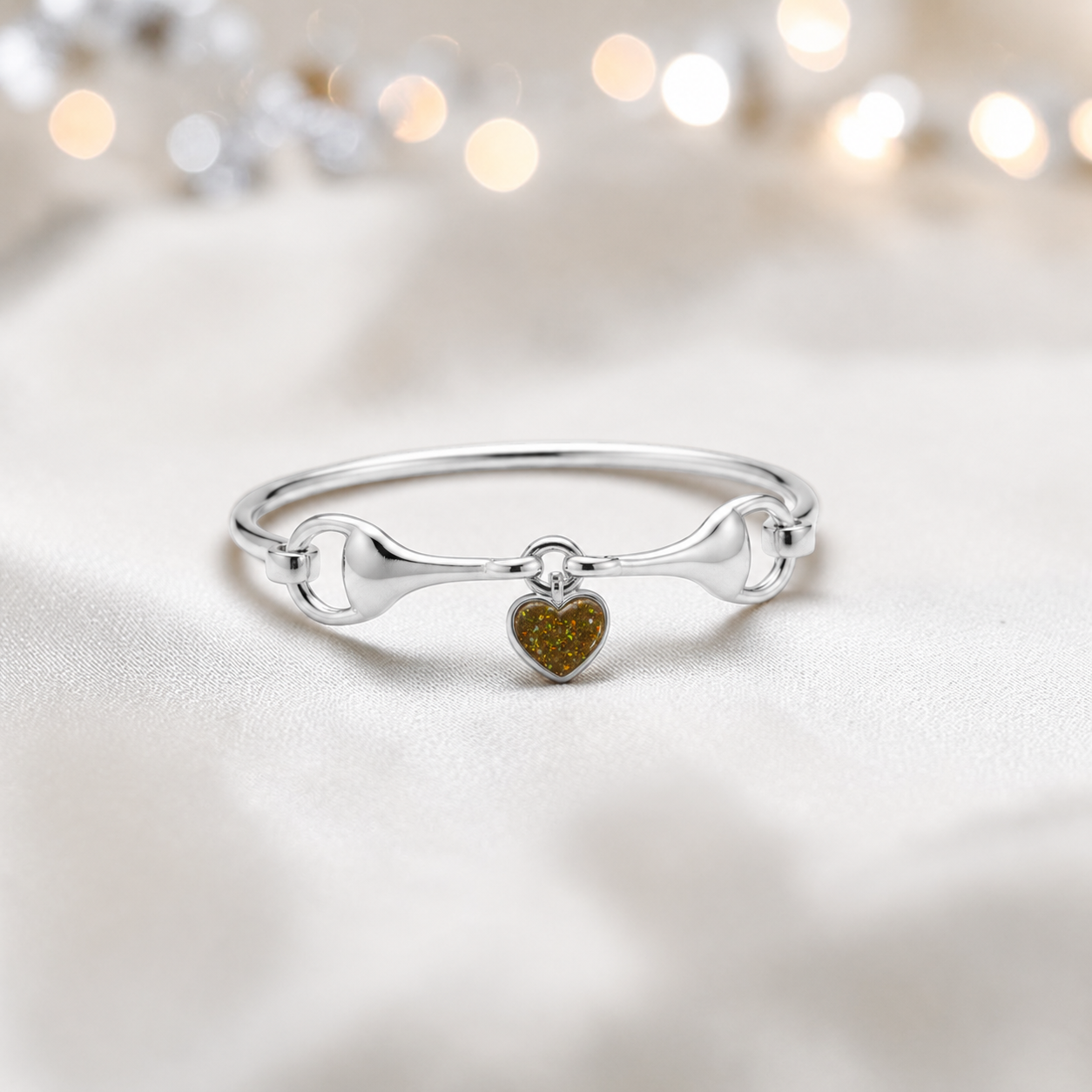 Silver Rocket snaffle bit ashes bangle in gold olive,  handcrafted in Lancashire UK - by Keepsake Memorial Jewellery
