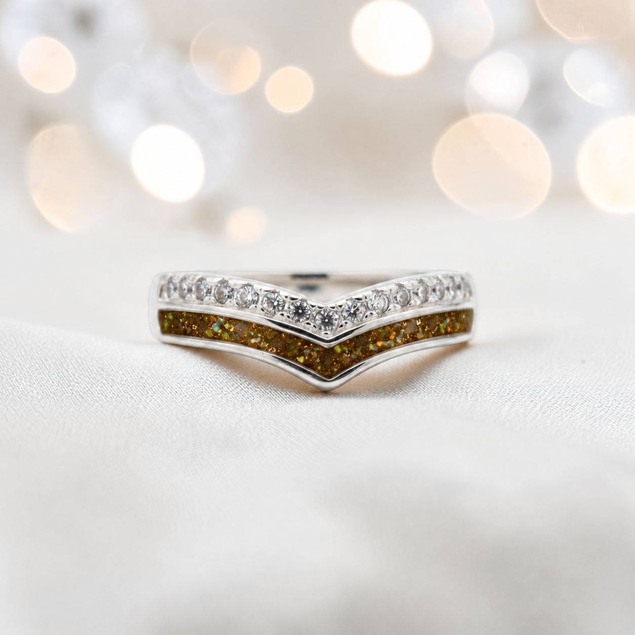 Keepsake Memorial Silver Sophia Ashes Ring in gold olive - Handcrafted in the UK