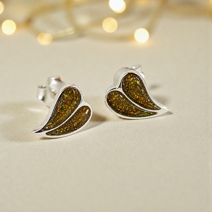 Two Hearts memorial stud earrings in Gold Olive opal — sterling silver, handcrafted in Lancashire, UK