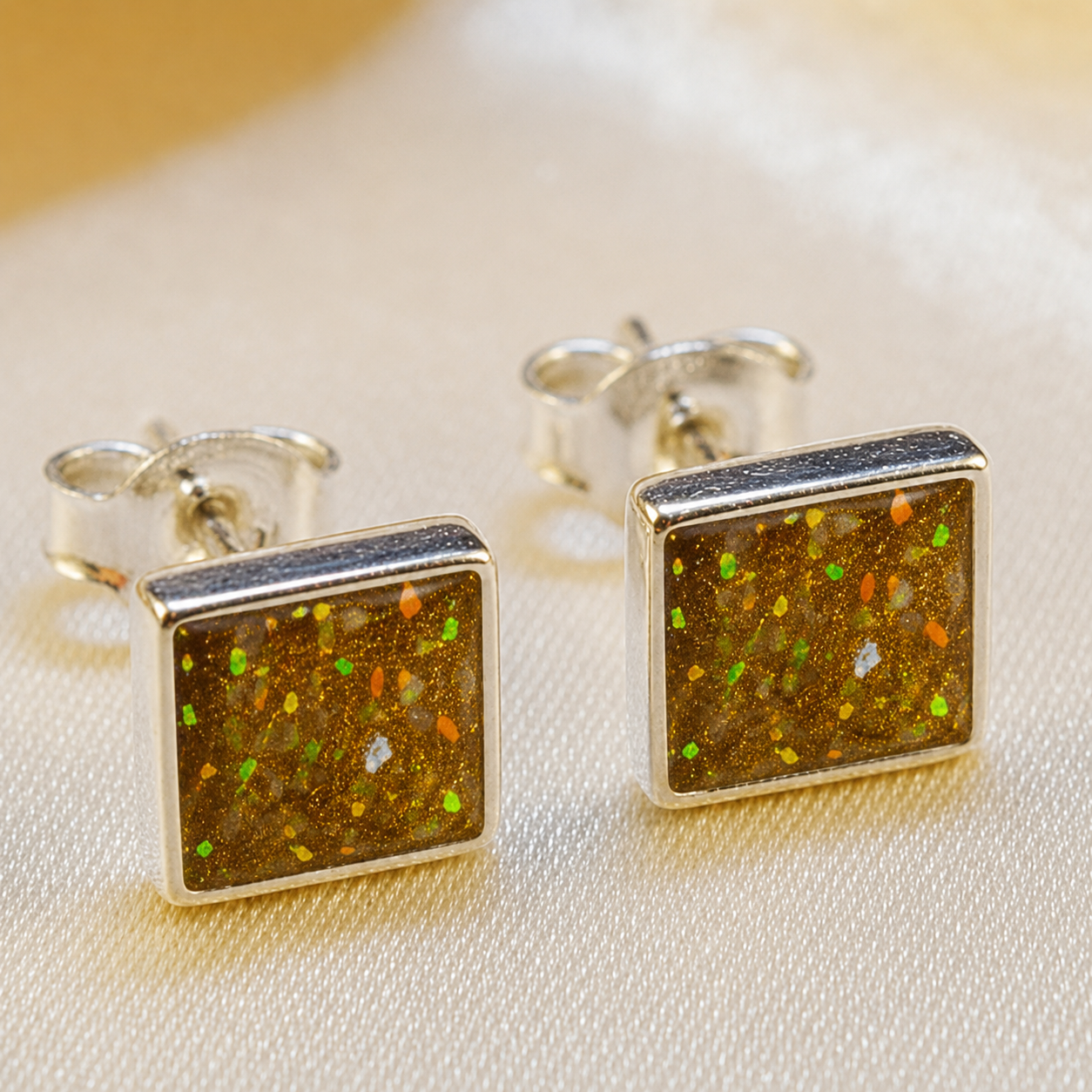 Keepsake Memorial Sterling Silver Square Stud Ashes Earrings Celeste Shine in Gold Olive - Handcrafted in the UK